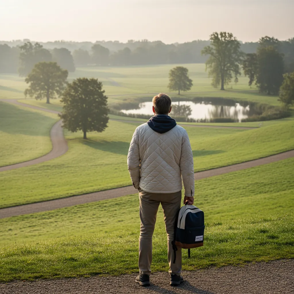Anonieme man van achteren kijkt over een groen park - supplement actieve leefstijl 50 plus man