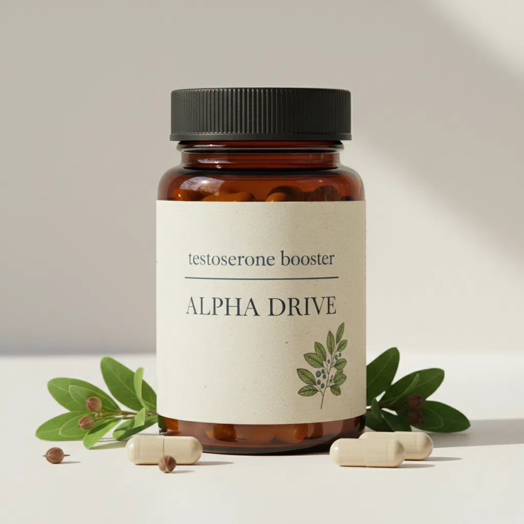Alpha Drive donkerblauwe supplementenpot met gouden accent - voedingssupplement mannen 50 plus